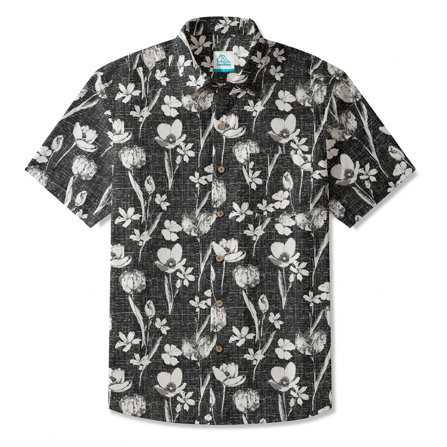 LeosWare® Flower Men's Hawaiian Shirt Short Sleeve Button-up 100% Cotton Black Aloha Ink Strokes And Flower Traces