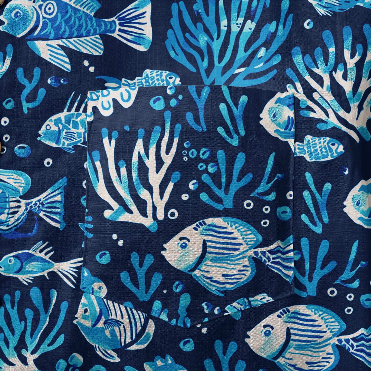 LeosWare® Men's Hawaiian Shirt Short Sleeve Button-up 100% Cotton Blue Coral Aloha Deep Blue Fish Whisper