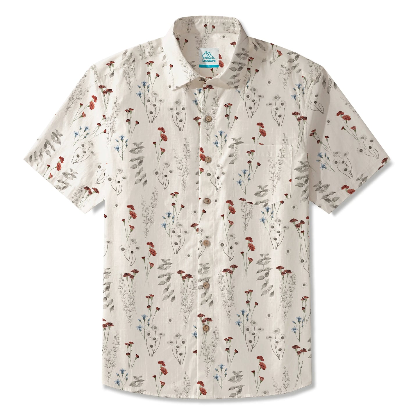 LeosWare® Men's Hawaiian Shirt Short Sleeve Button-up 100% Cotton Beige Aloha Field Of Wildflowers