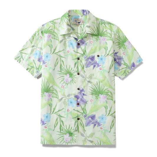 Men's Hawaiian Shirt Green Tropical Floral Cotton Aloha Shirt Camp Shirt