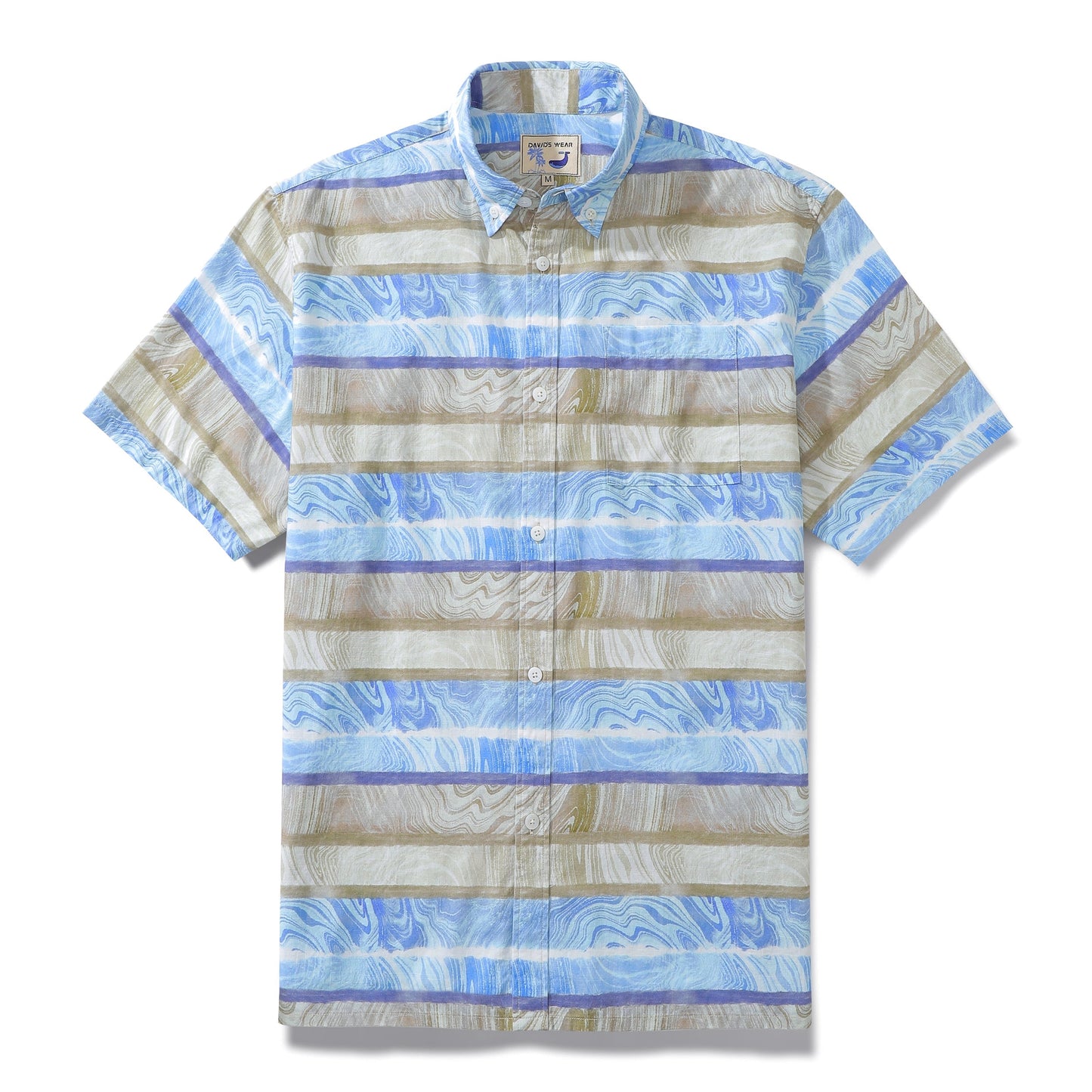 Men's Horizontal Stripe Shirt Blue Waves Print Casual Short Sleeve Button Down