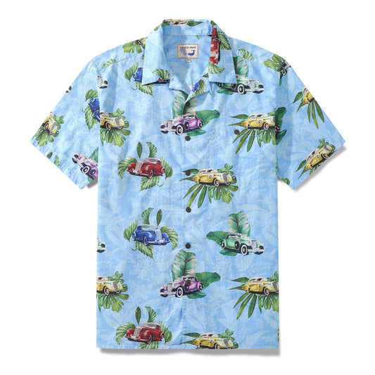 Hawaiian Shirt For Men Old-Fashioned Car Shirt Camp Collar 100% Cotton
