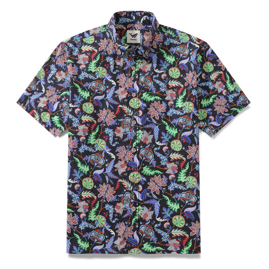 Men's Hawaiian Shirt Vibrant Vines Print Cotton Button-down Short Sleeve Aloha Shirt
