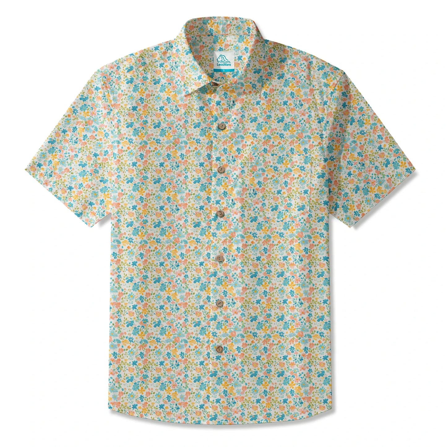 LeosWare® Flower Men's Hawaiian Shirt Short Sleeve Button-up 100% Cotton Beige Aloha Sunny Day Wildflowers