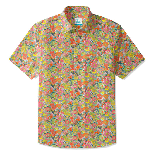LeosWare® Men's Hawaiian Shirt Short Sleeve Button-up 100% Cotton Green Aloha Spring Blossom Notes