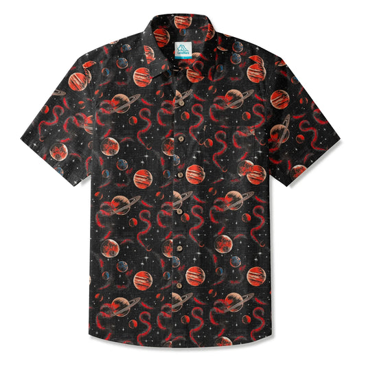 LeosWare® Men's Hawaiian Shirt Short Sleeve Button-up 100% Cotton Black Apace Aloha Crimson Celestial River