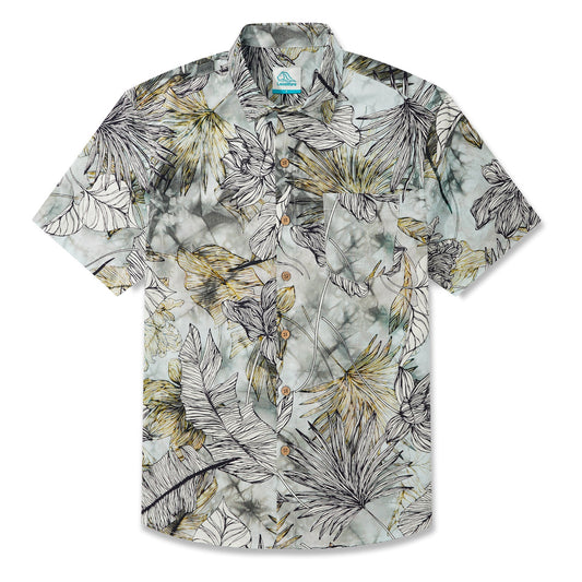 LeosWare® Men's Hawaiian Shirt Short Sleeve Button-up 100% Cotton Green Aloha Fresh Tropical Plant Art