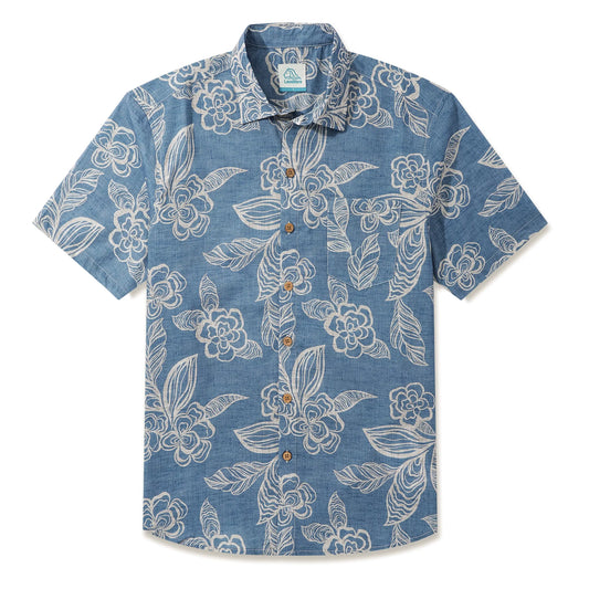 LeosWare® Men's Hawaiian Shirt Short Sleeve Button-up 100% Cotton Blue Aloha Light Blue Elegant Florals