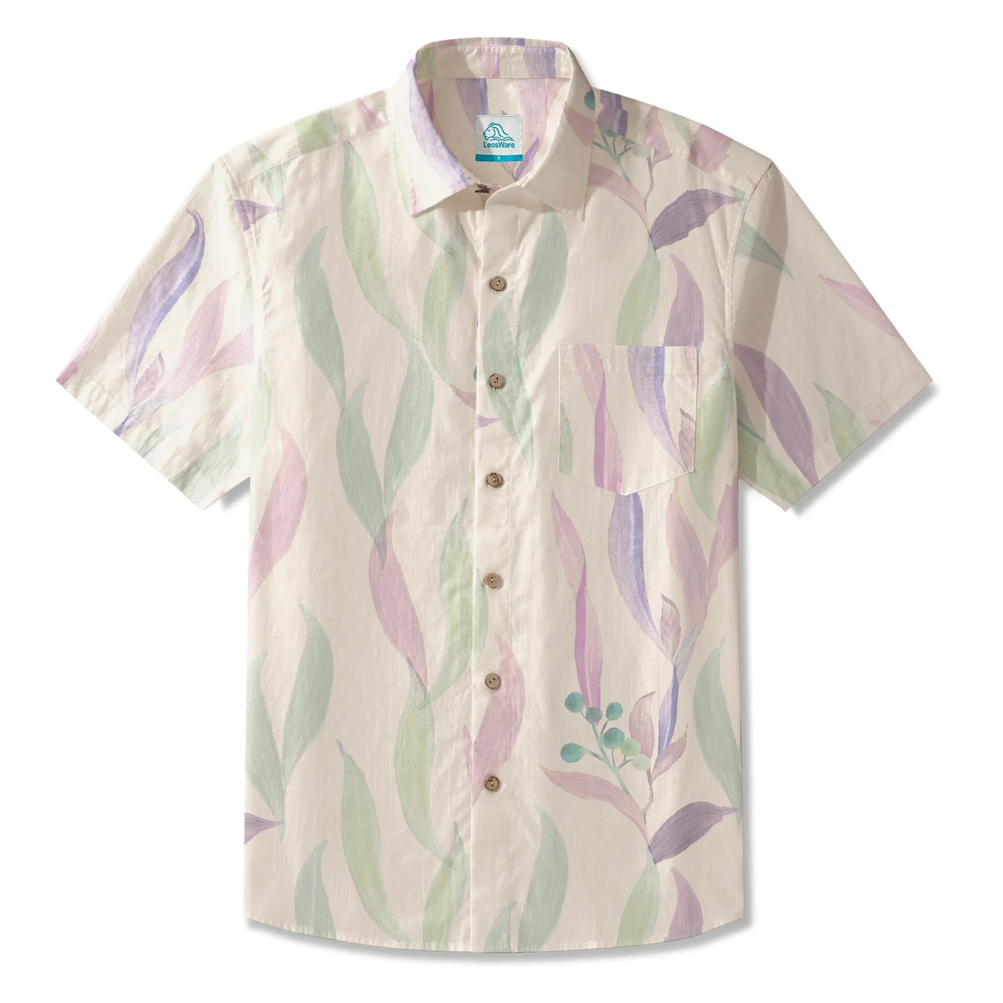 LeosWare® Men's Hawaiian Shirt Short Sleeve Button-up 100% Cotton Purple Aloha Spring Soft Colors
