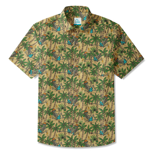 LeosWare® Men's Hawaiian Shirt Short Sleeve Button-up 100% Cotton Green Aloha Skeleton's Coconut Beach Vacation