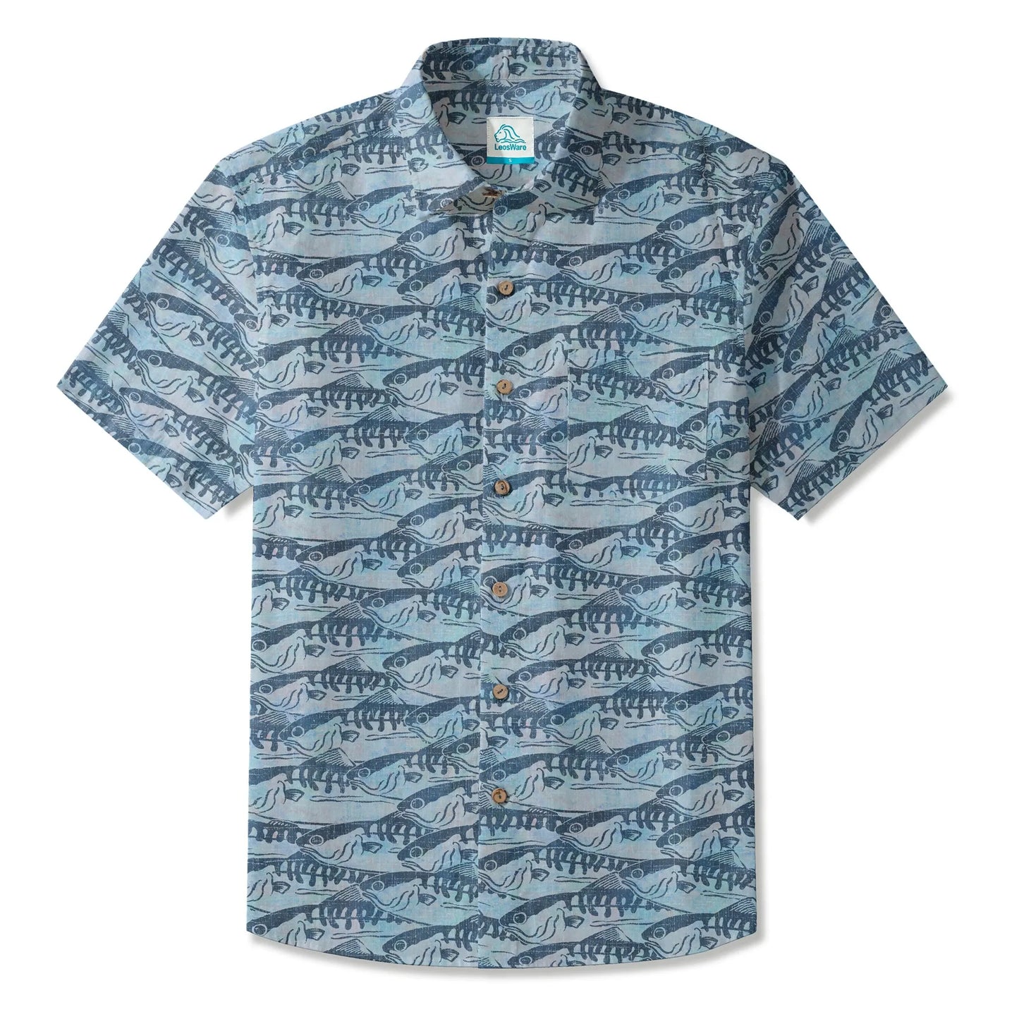 LeosWare® Men's Hawaiian Shirt Short Sleeve Button-up 100% Cotton Blue Aloha Ink Wave Fish Formation