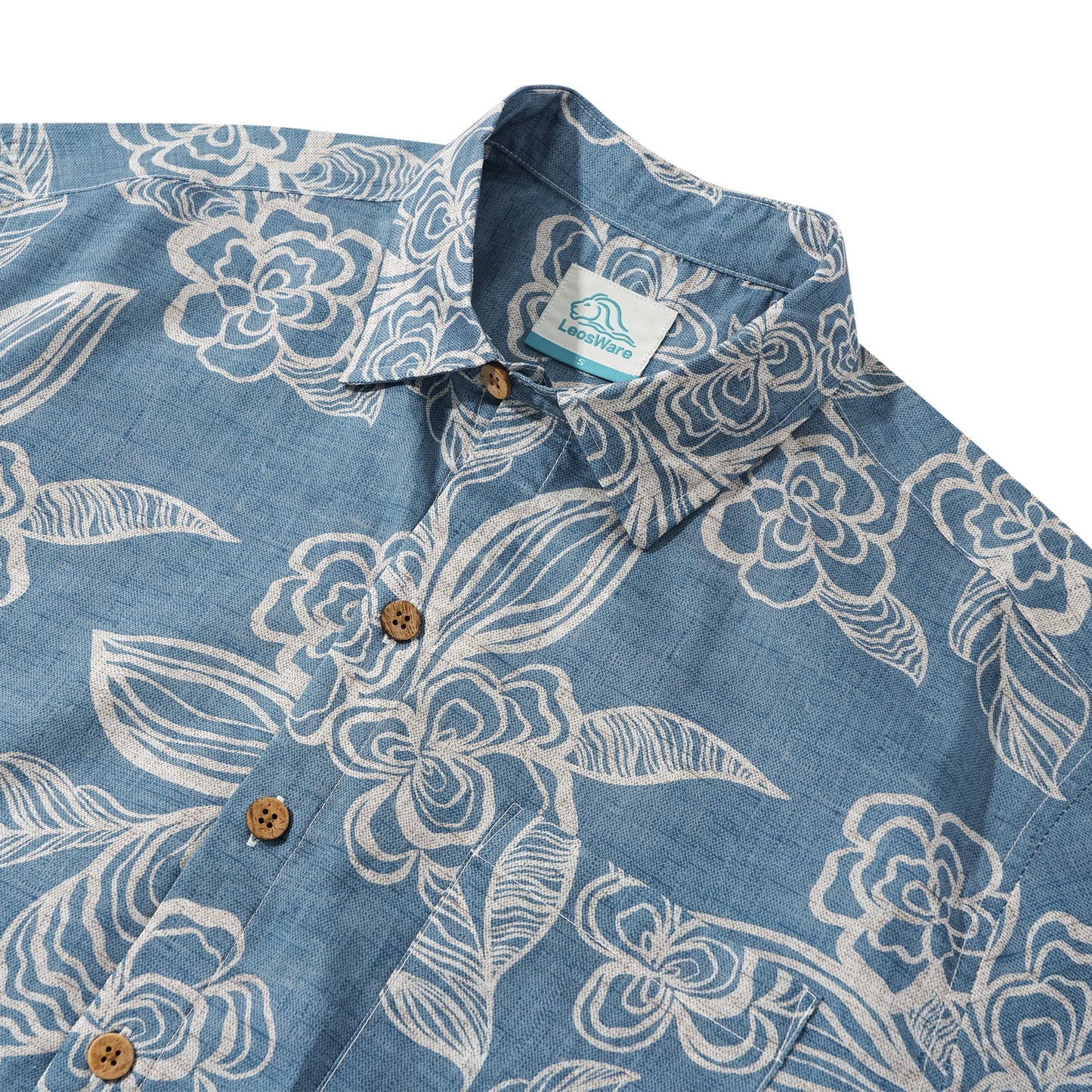 LeosWare® Men's Hawaiian Shirt Short Sleeve Button-up 100% Cotton Blue Aloha Light Blue Elegant Florals