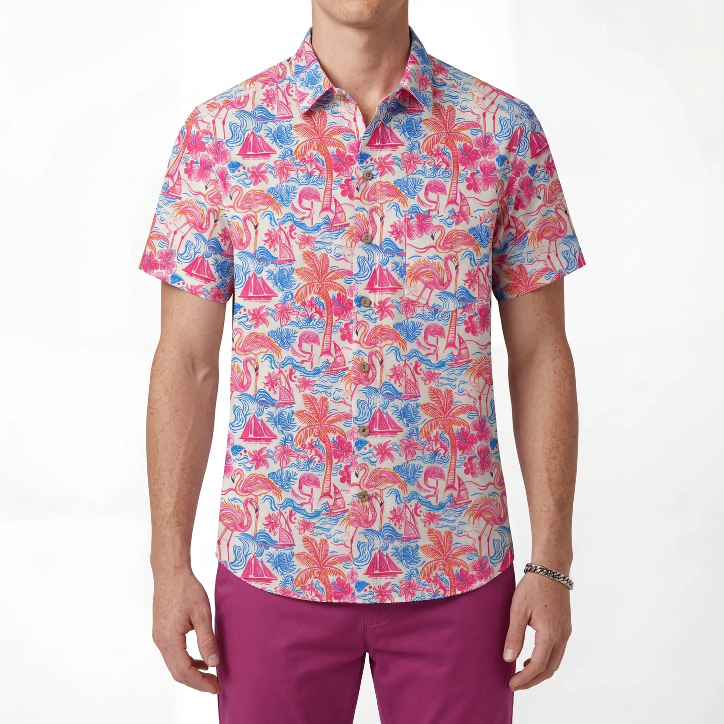 LeosWare® Men's Hawaiian Shirt Short Sleeve Button-up 100% Cotton Aloha Tropical Fire Bay