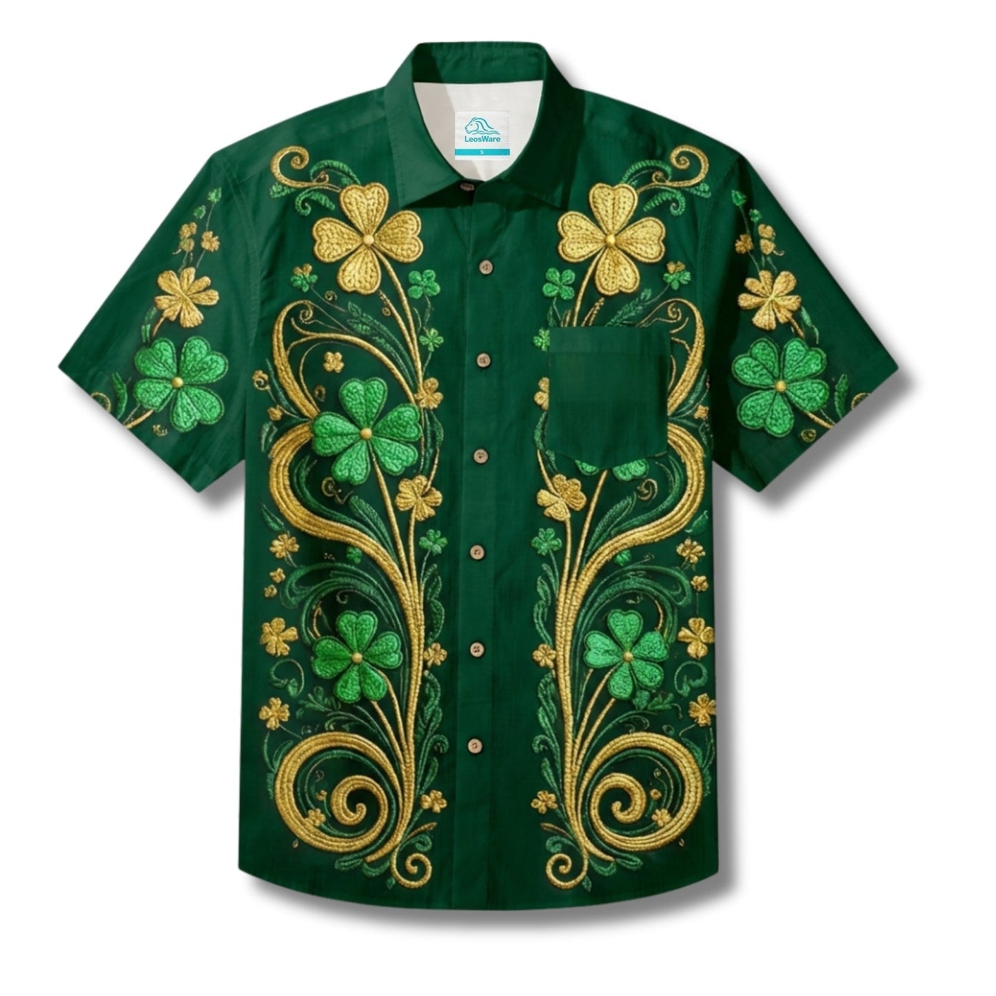 LeosWare® Men's Hawaiian Shirt Short Sleeve Button-up Breathable & Quick-Dry Aloha St. Patrick's Day Four-leaf Clovers