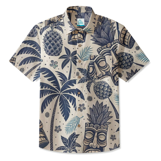 LeosWare® Men's Hawaiian Shirt Short Sleeve Button-up 95% Polyester, 5% Spandex Aloha Tropic Ink