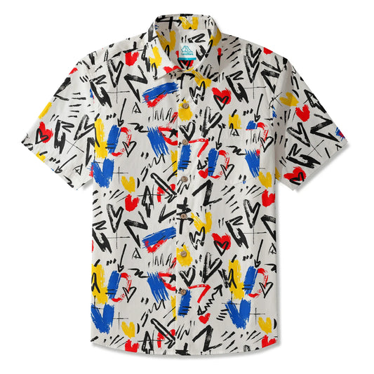 LeosWare® Men's Hawaiian Shirt Short Sleeve Button-up 100% Cotton White Aloha Brushing Waves Of Emotion