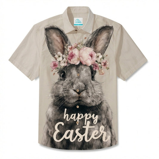 LeosWare® Men's Hawaiian Shirt Short Sleeve Button-up Breathable & Quick-Dry Aloha Easter Bunny Print