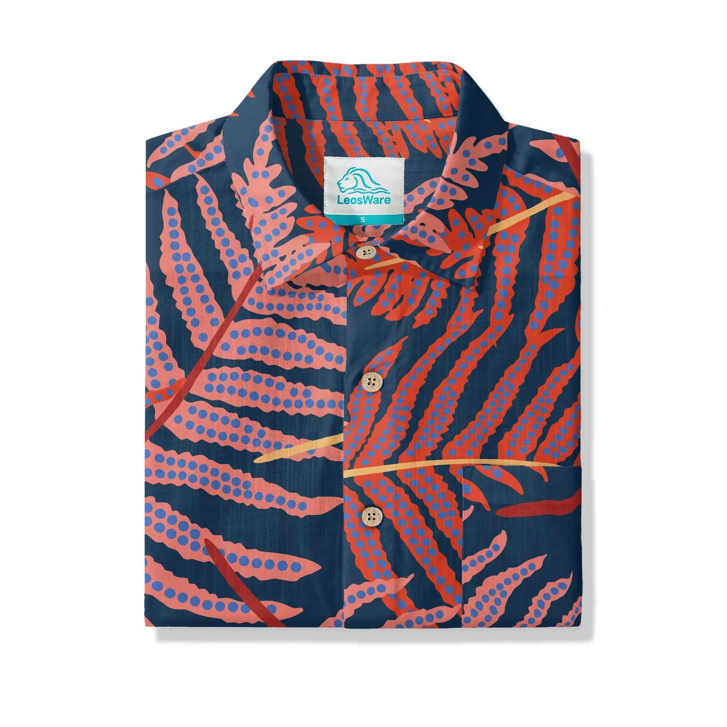 LeosWare® Plant Men's Hawaiian Shirt Short Sleeve Button-up 100% Cotton Blue Aloha Red Fern Night Shadows