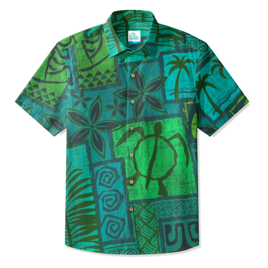 LeosWare® Men's Hawaiian Shirt Short Sleeve Button-up Breathable & Quick-Dry Aloha Tiki Mood(Teal Green)