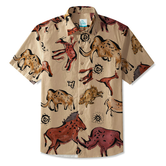 LeosWare® Men's Hawaiian Shirt Short Sleeve Button-up 100% Cotton Red Aloha Vintage Cave Art Print