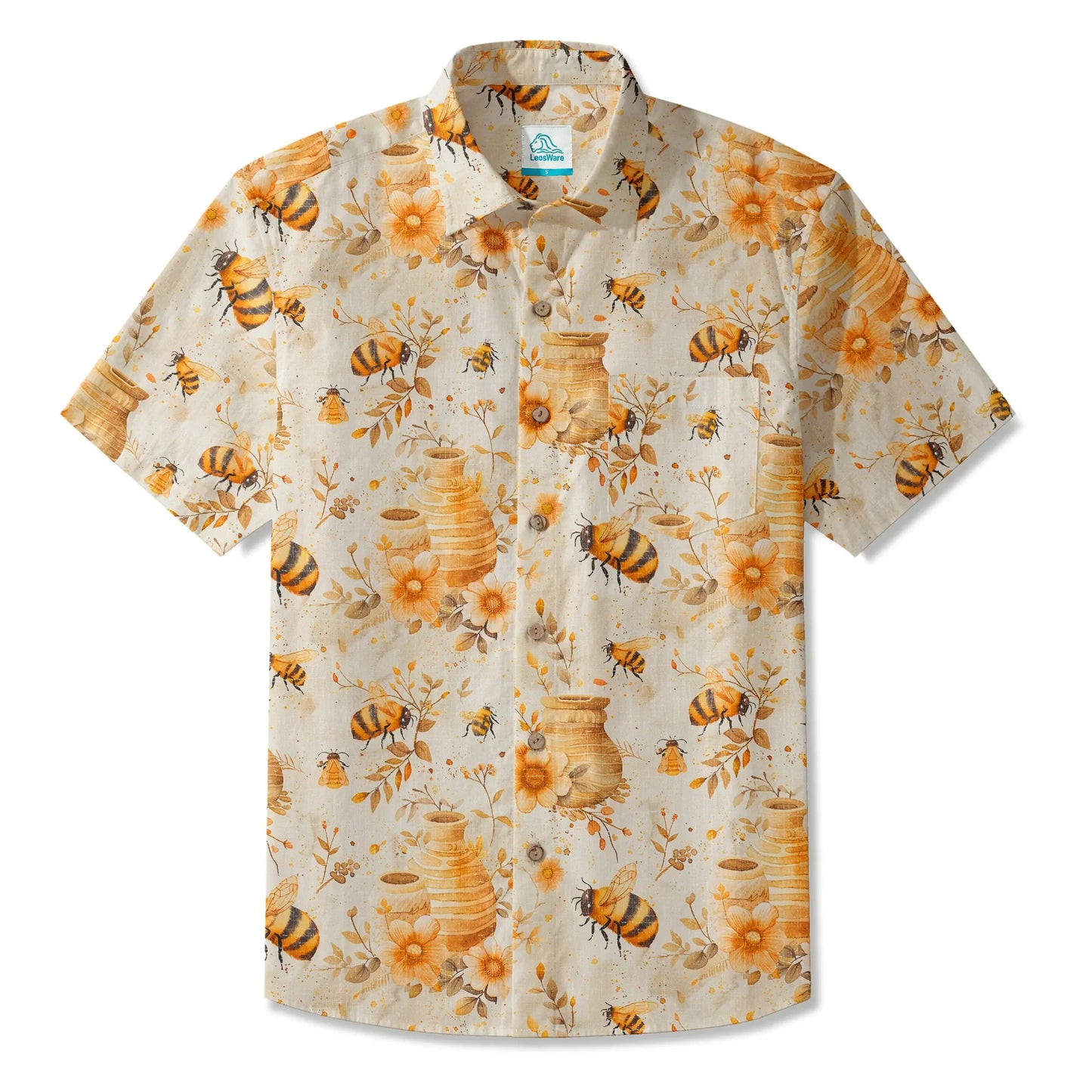 LeosWare® Men's Hawaiian Shirt Short Sleeve Button-up 100% Cotton Yellow Aloha Autumn Harvest In The Honey Garden Bee