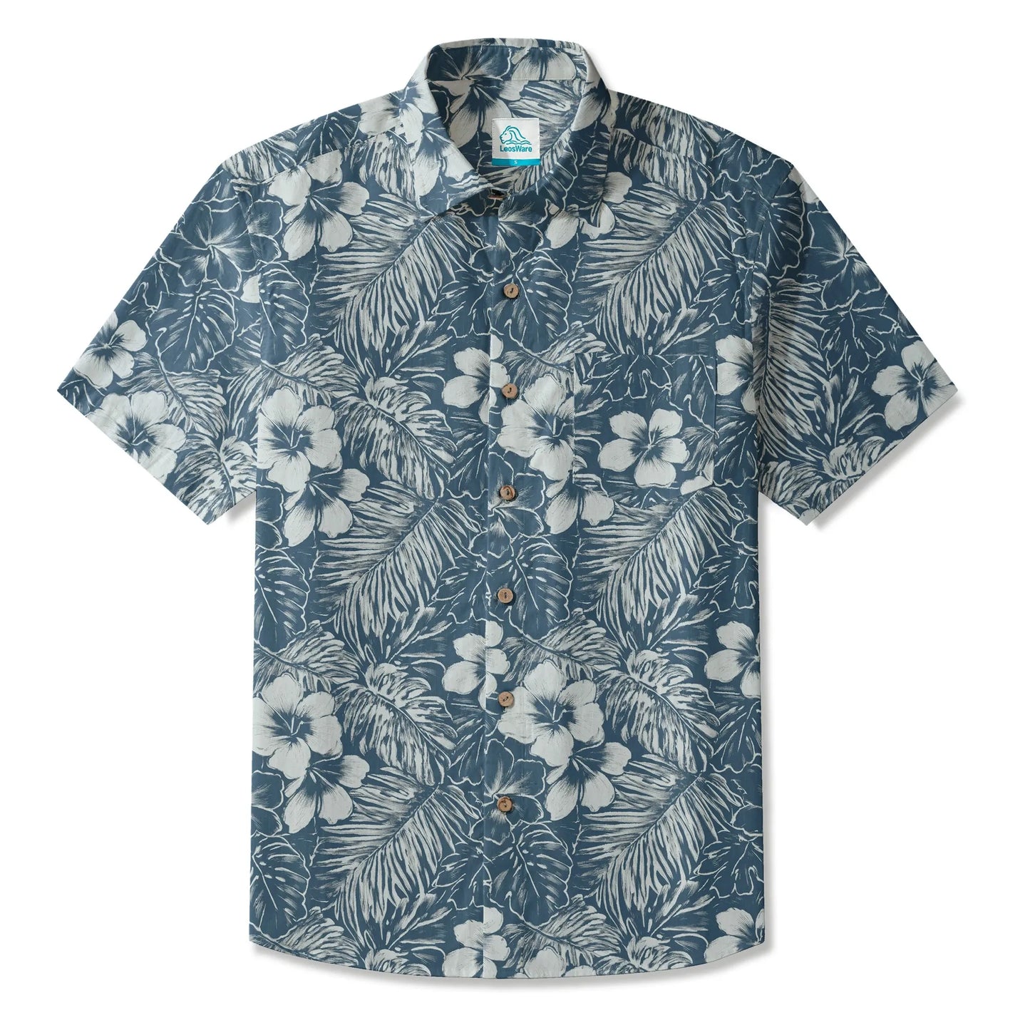 LeosWare® Hibiscus Flower Men's Hawaiian Shirt Short Sleeve Button-up 100% Cotton Blue Aloha Blue Ink Flower Shadows