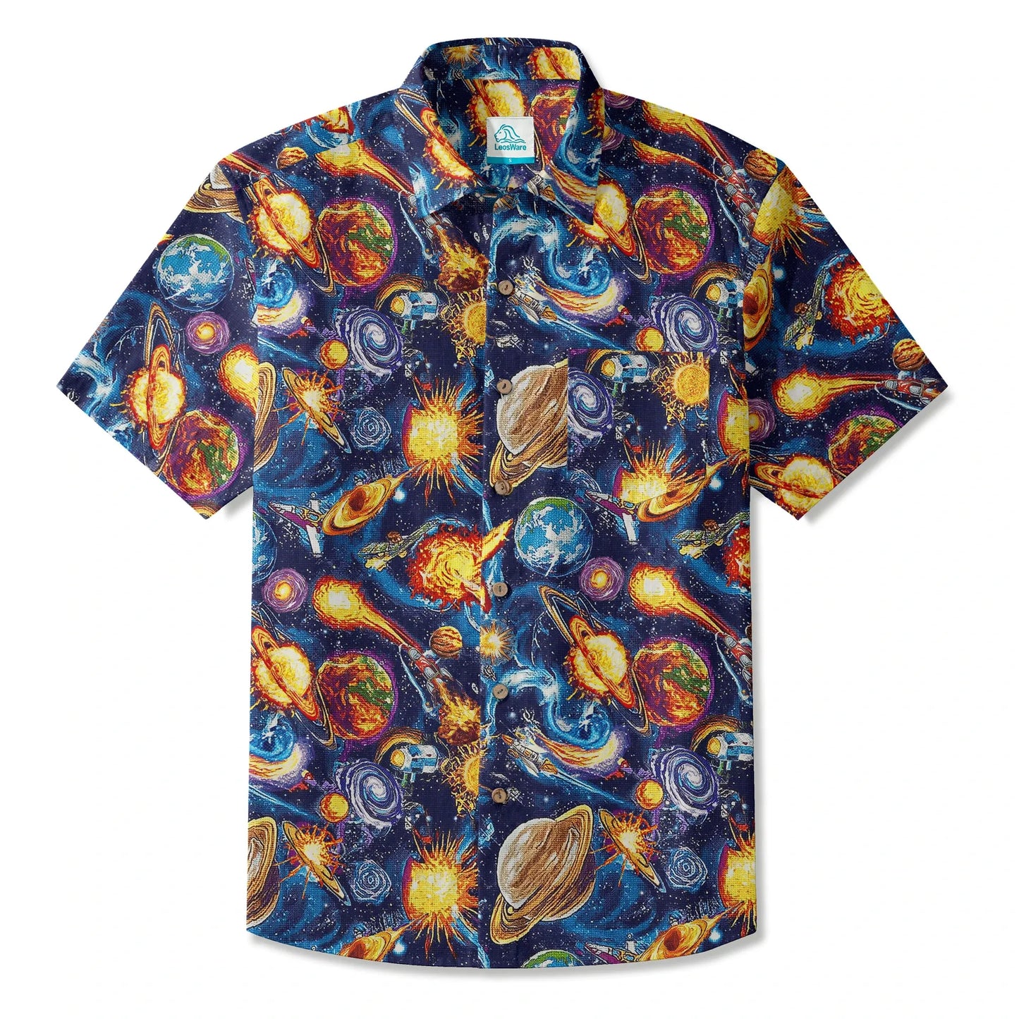 LeosWare® Men's Hawaiian Shirt Short Sleeve Button-up 100% Cotton Blue Aloha Journey Across The Stars