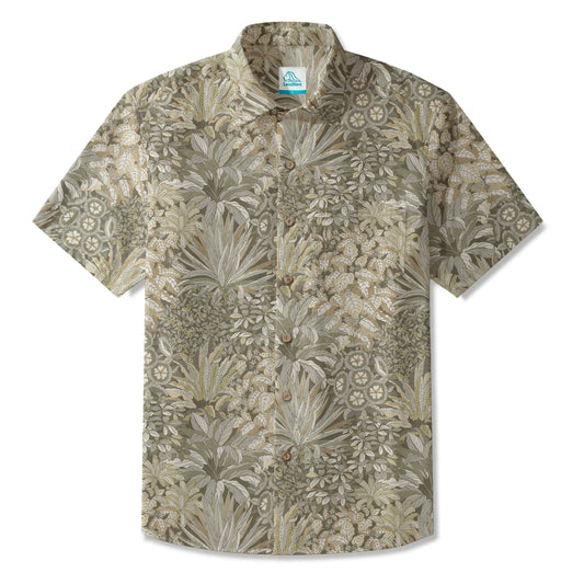 LeosWare® Men's Hawaiian Shirt Short Sleeve Button-up 100% Cotton Beige Aloha Vintage Rainforest Treasures