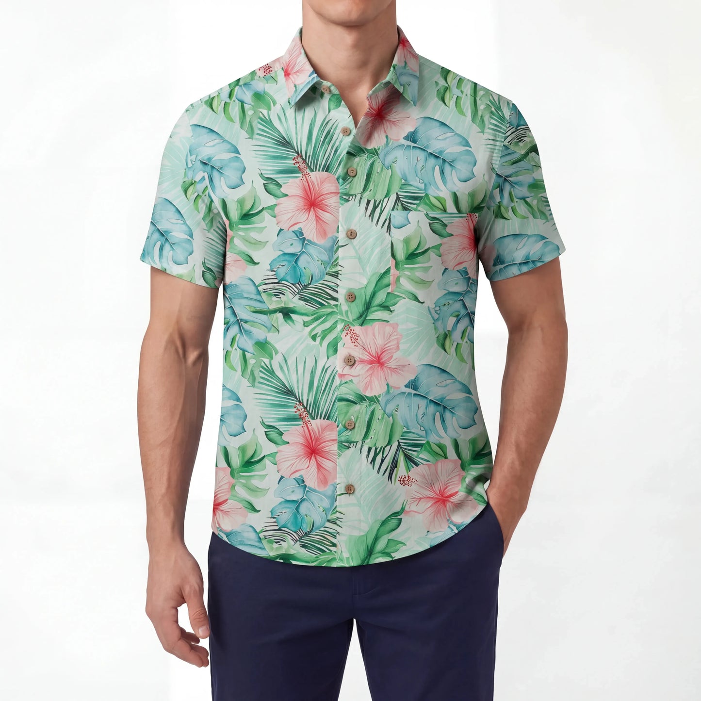 LeosWare® Men's Hawaiian Shirt Short Sleeve Button-up 100% Cotton Green Aloha Powdered Hibiscus Grove