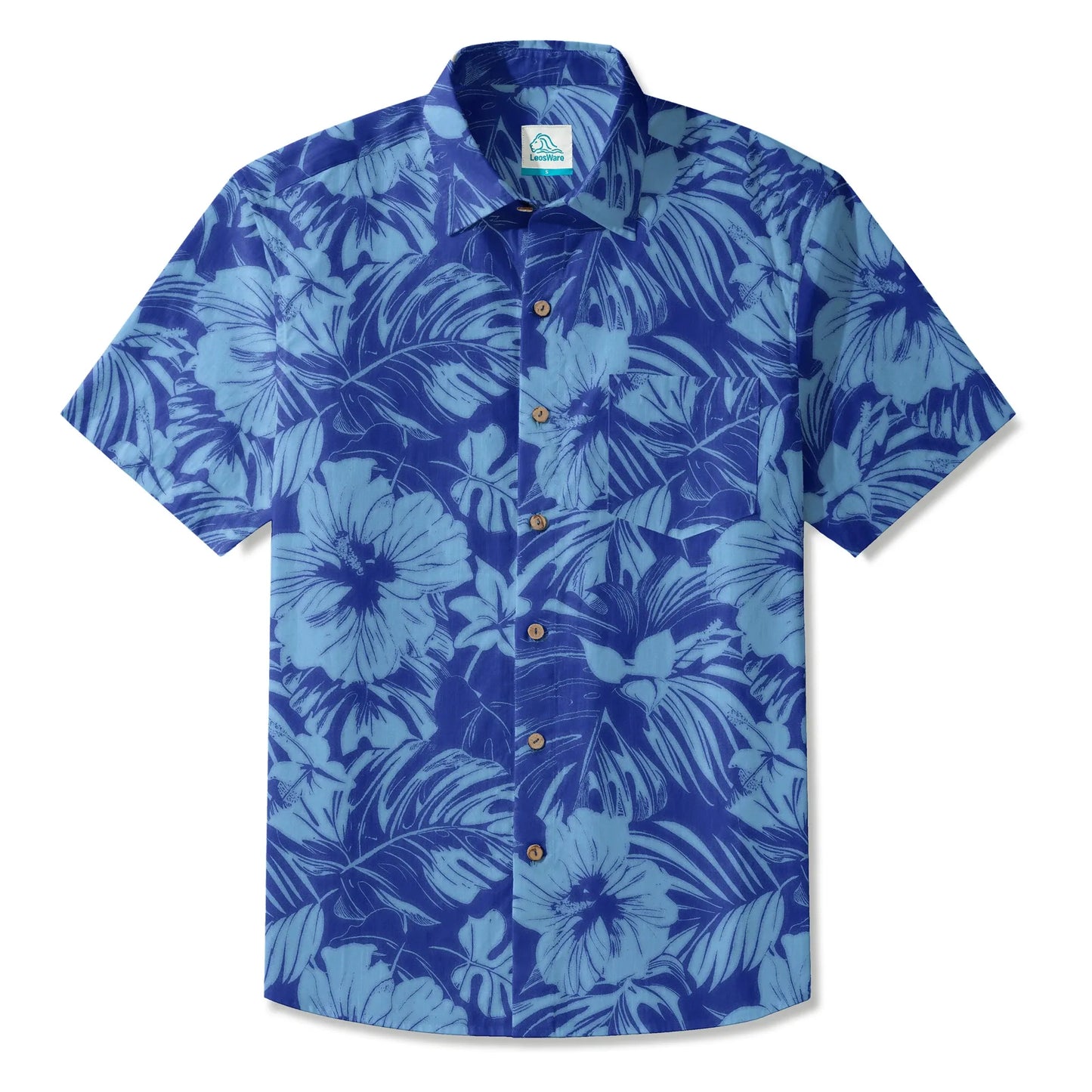LeosWare® Hibiscus Flower Men's Hawaiian Shirt Short Sleeve Button-up 100% Cotton Blue Aloha Blue Serenity