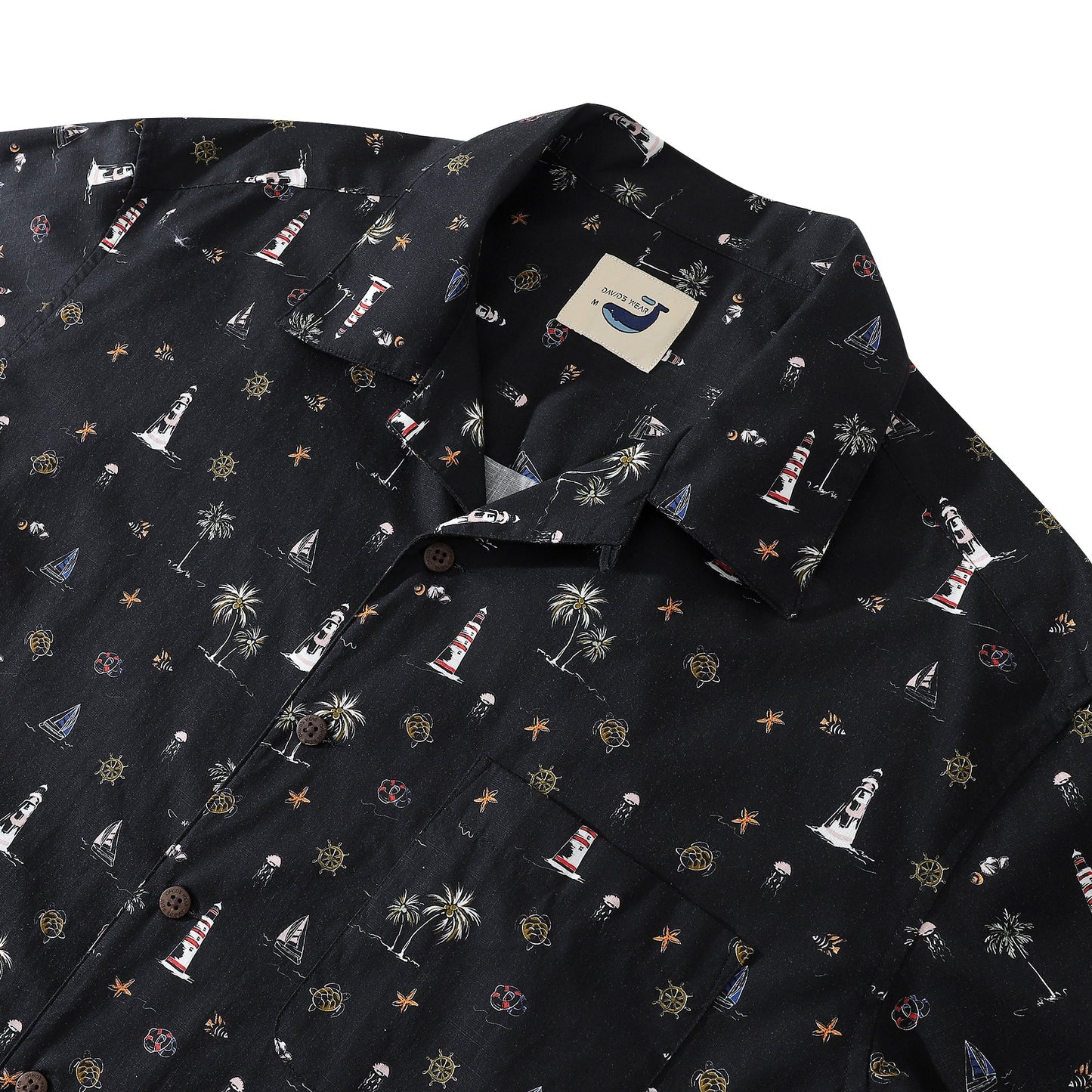 Hawaiian Shirt For Men Lighthouse Black Shirt Workwear Camp Collar 100% Cotton