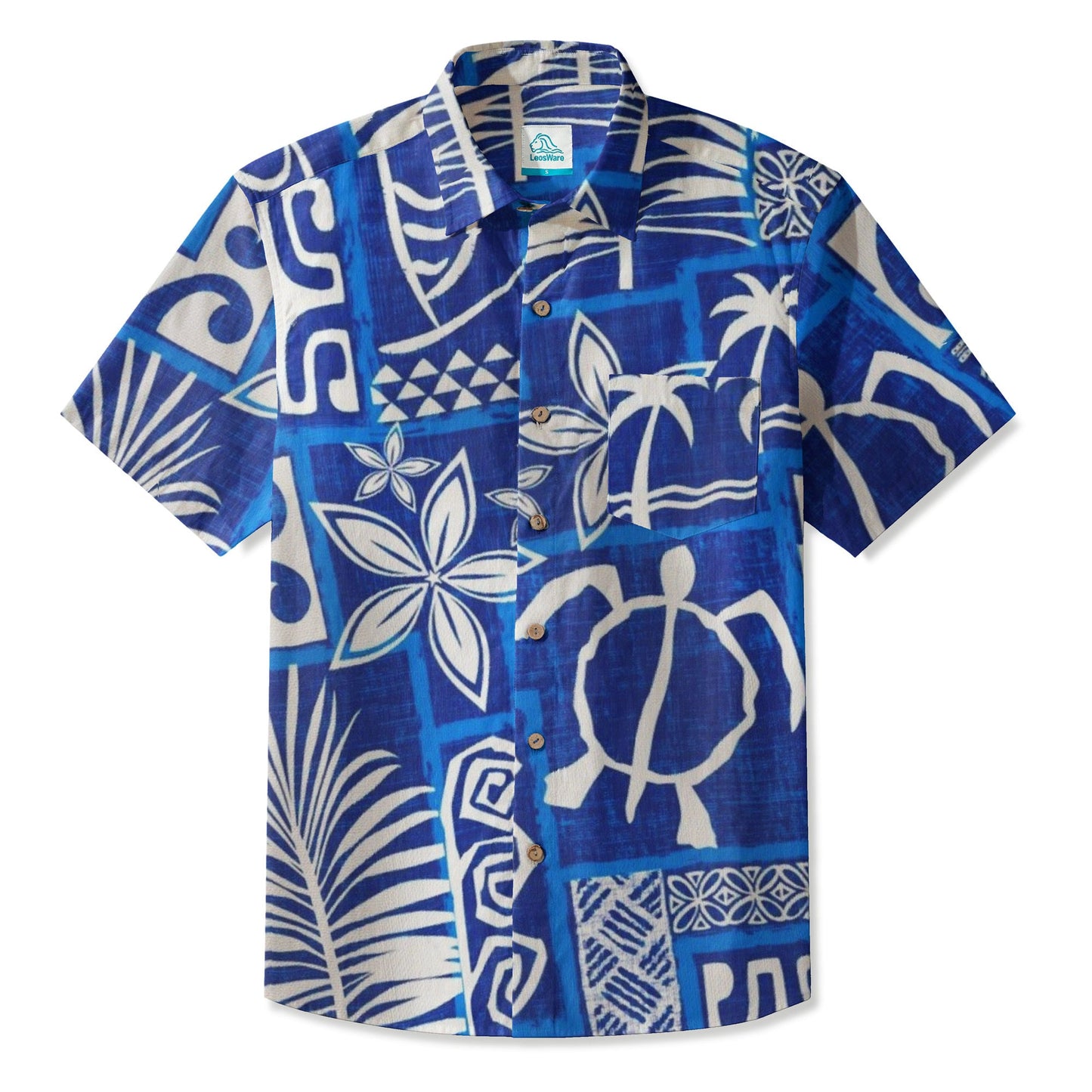 LeosWare® Men's Hawaiian Shirt Short Sleeve Button-up Breathable & Quick-Dry Aloha Tiki Mood(Ocean Blue)