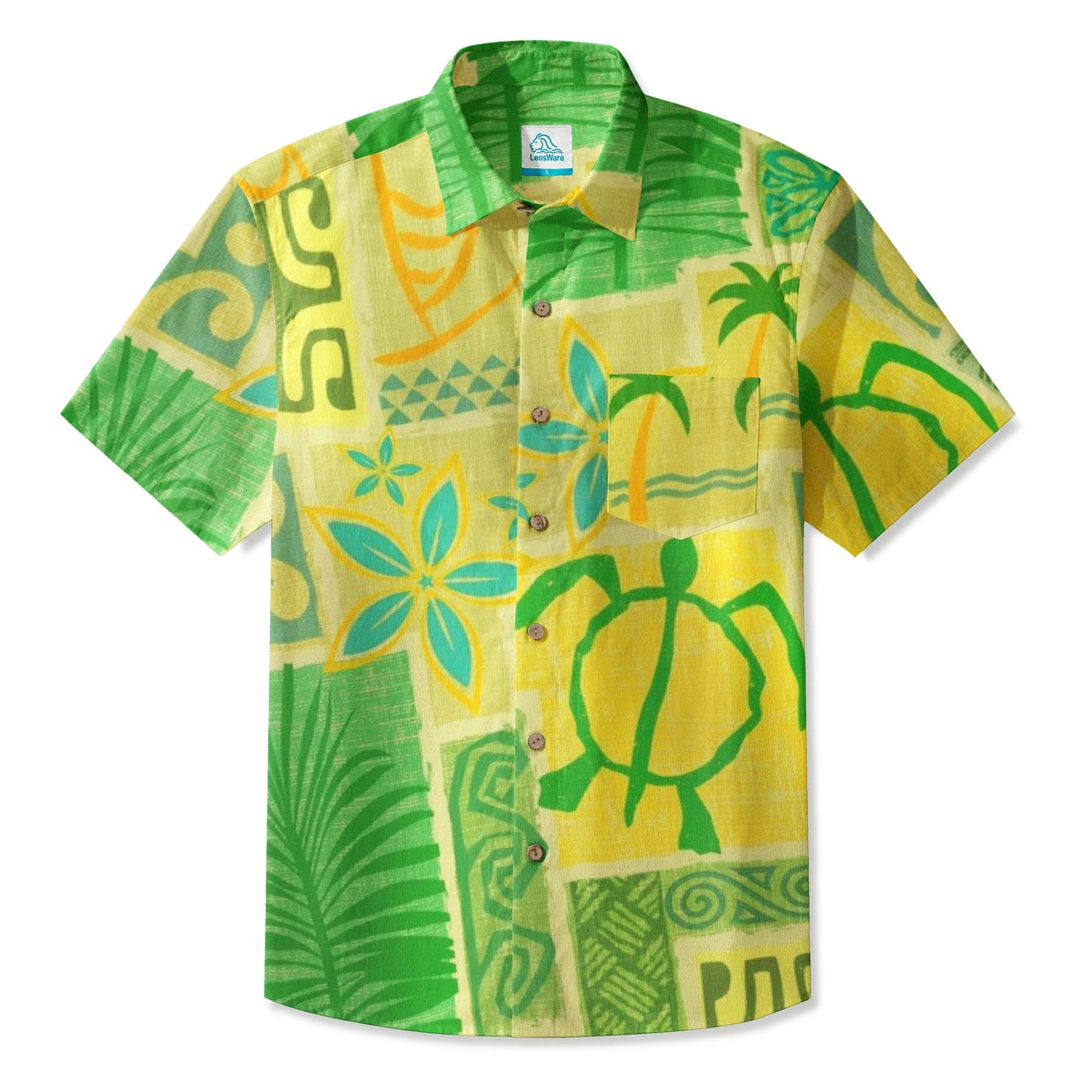 LeosWare® Men's Hawaiian Shirt Short Sleeve Button-up Breathable & Quick-Dry Aloha Tiki Mood(Aqua Green)