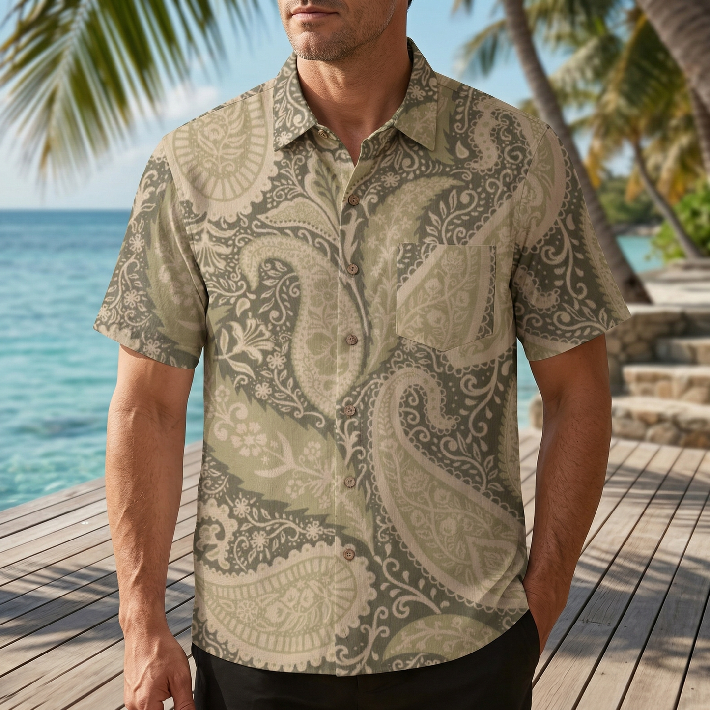 LeosWare® Men's Hawaiian Shirt Short Sleeve Button-up 95% Polyester, 5% Spandex Aloha Olive Paisley