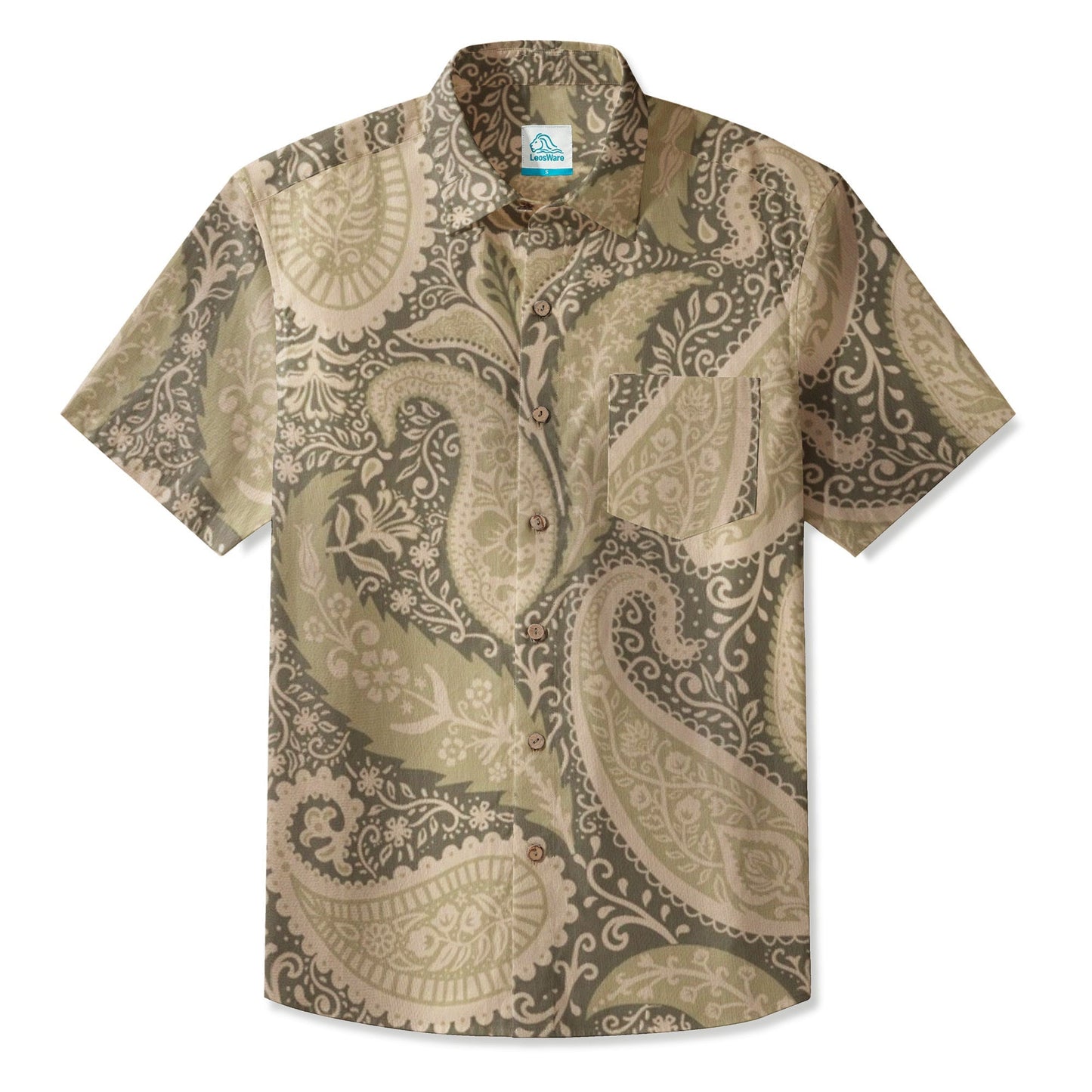 LeosWare® Men's Hawaiian Shirt Short Sleeve Button-up 95% Polyester, 5% Spandex Aloha Olive Paisley
