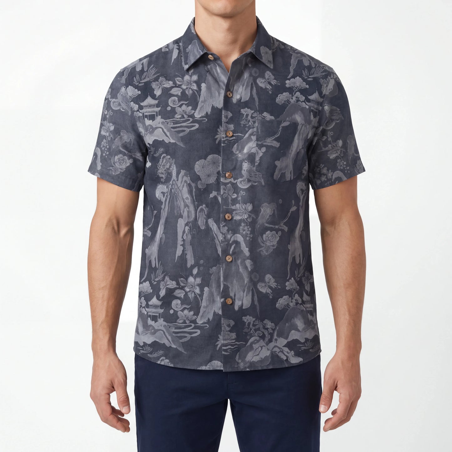 LeosWare® Men's Hawaiian Shirt Short Sleeve Button-up 100% Cotton Gray Aloha Eastern Mountain Ranges And Dragons