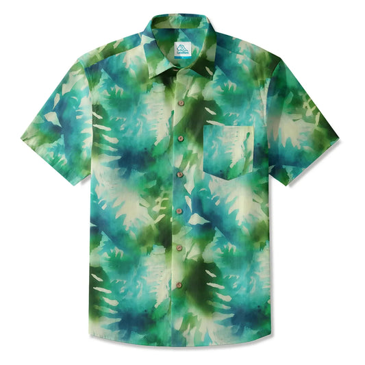 LeosWare® Men's Hawaiian Shirt Short Sleeve Button-up 100% Cotton Green Aloha Misty Forest Cascade