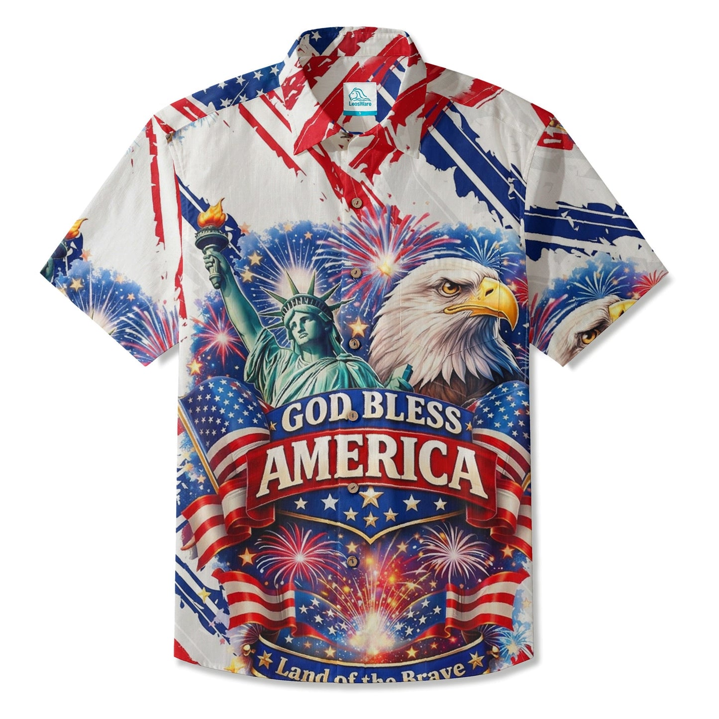 LeosWare® Men's Hawaiian Shirt Short Sleeve Button-up Breathable & Quick-Dry Aloha American Flag Eagle
