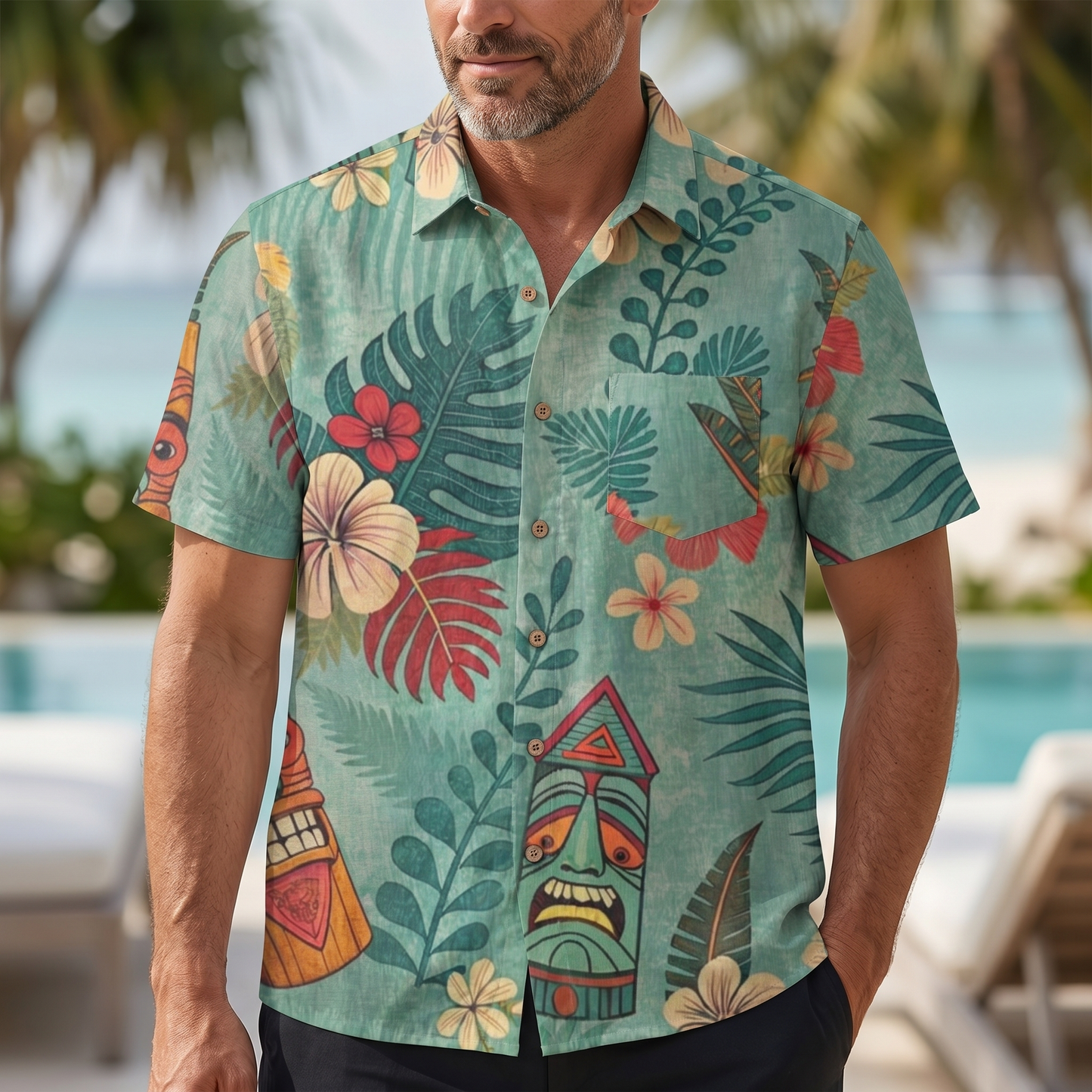 LeosWare® Men's Hawaiian Shirt Short Sleeve Button-up 95% Polyester, 5% Spandex Aloha Tropical Blossom