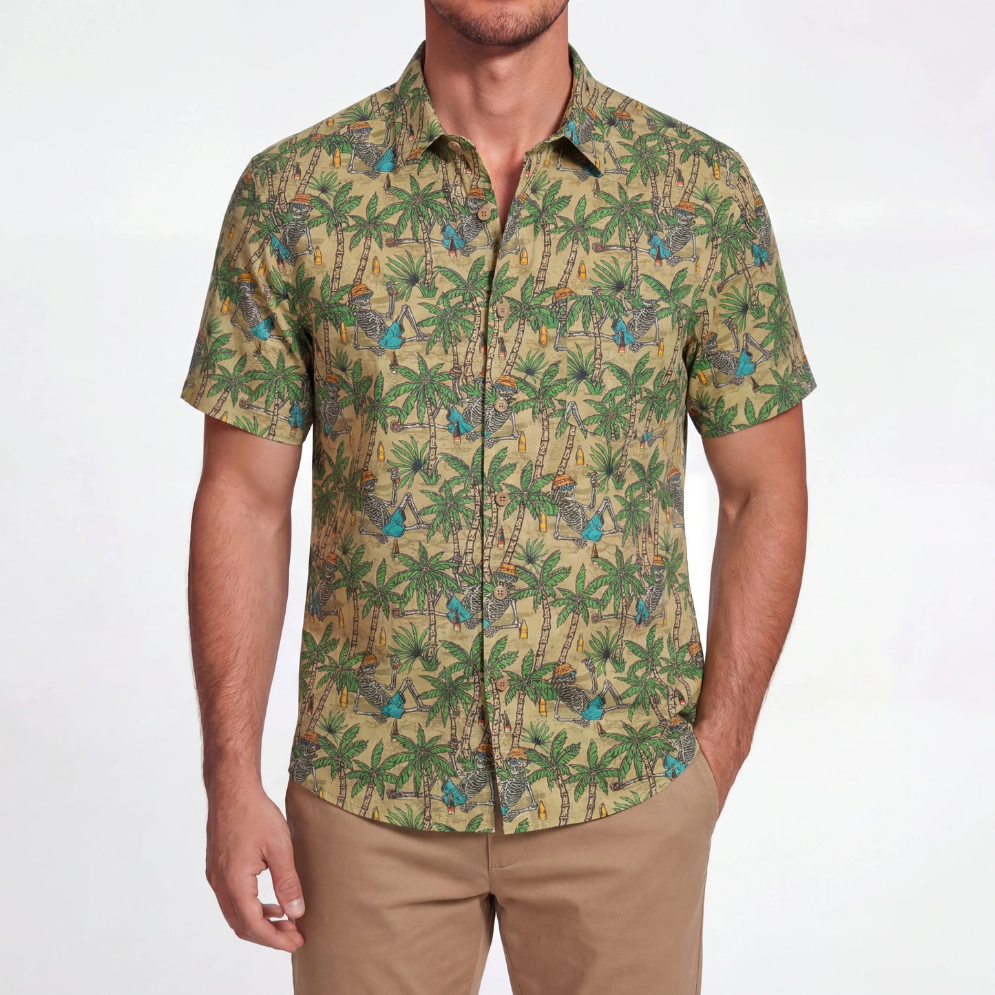 LeosWare® Men's Hawaiian Shirt Short Sleeve Button-up 100% Cotton Green Aloha Skeleton's Coconut Beach Vacation