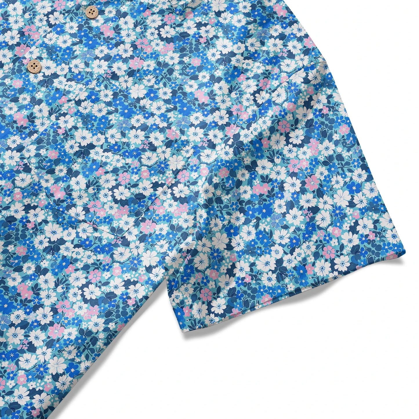 LeosWare® Flower Men's Hawaiian Shirt Short Sleeve Button-up 100% Cotton Blue Aloha Blue Sea Flower Trail