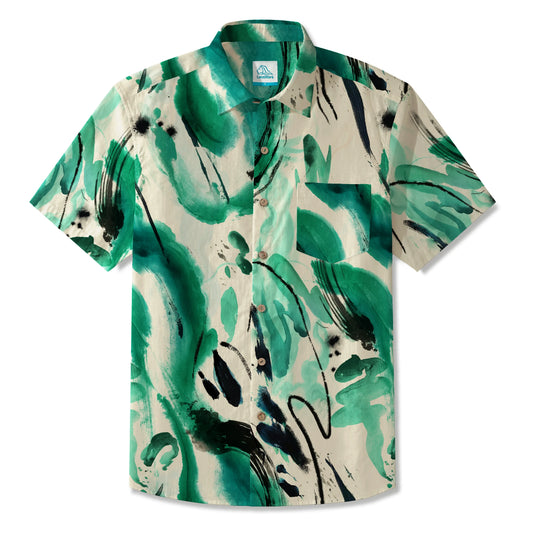 LeosWare® Men's Hawaiian Shirt Short Sleeve Button-up 100% Cotton Green Aloha Abstract Ink Flow