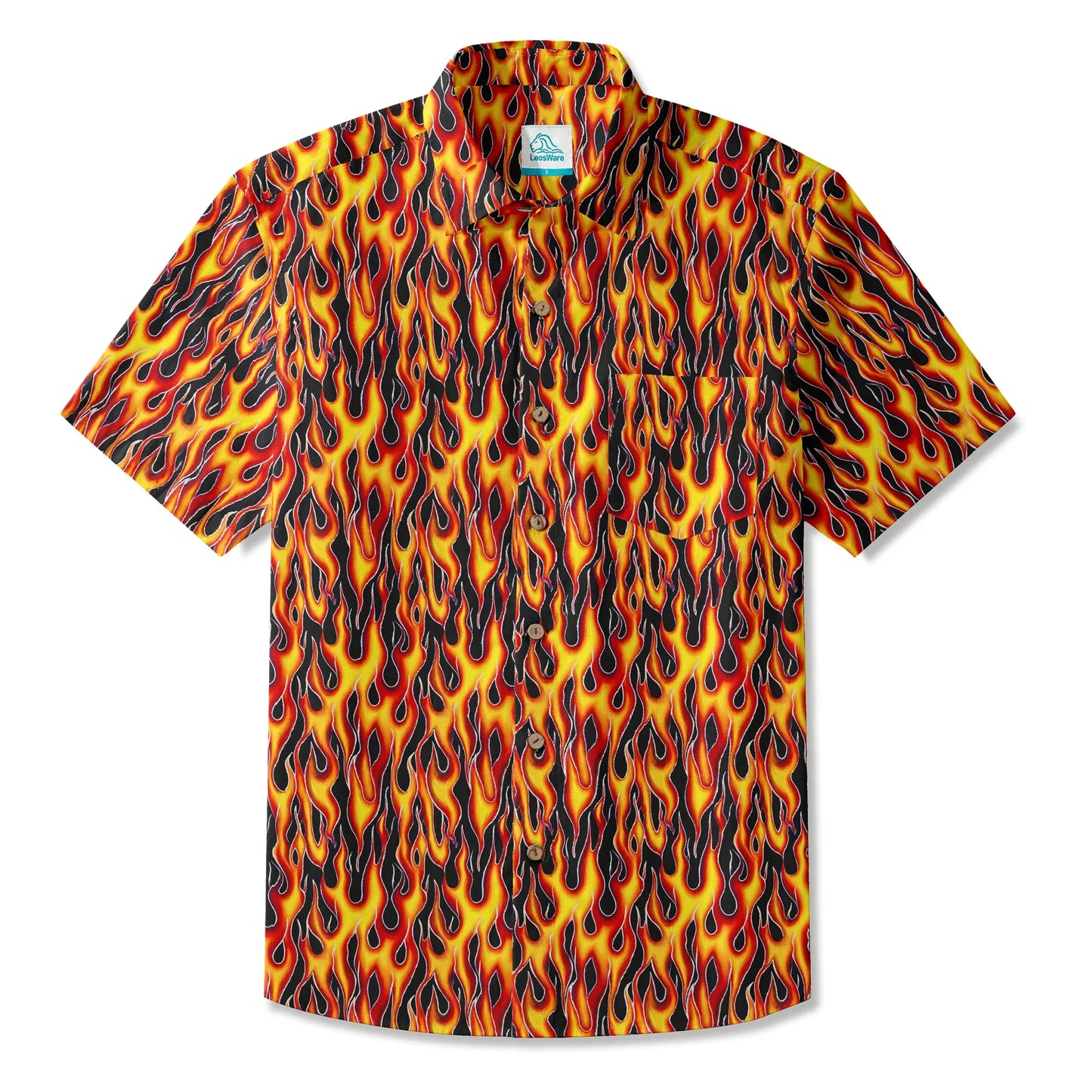 LeosWare® Flames Men's Hawaiian Shirt Short Sleeve Button-up 100% Cotton Yellow Aloha Flame Surge