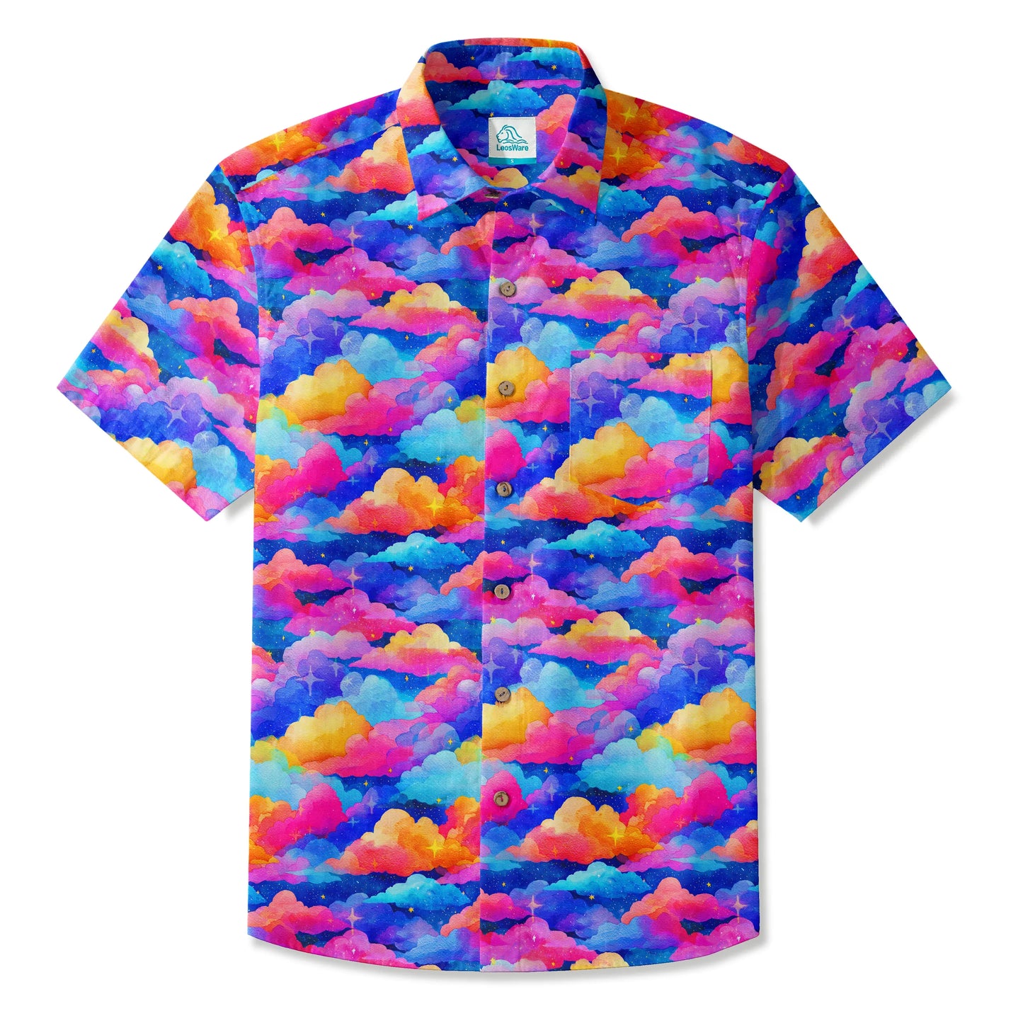 LeosWare® Men's Hawaiian Shirt Short Sleeve Button-up 100% Cotton Orange Aloha Rainbow Clouds Meadow