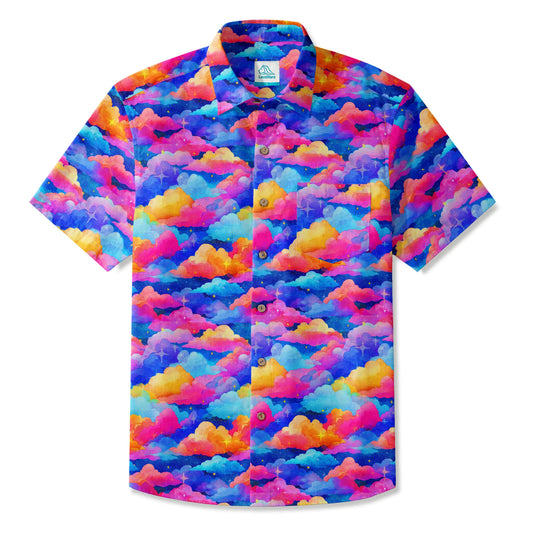 LeosWare® Men's Hawaiian Shirt Short Sleeve Button-up 100% Cotton Orange Aloha Rainbow Clouds Meadow