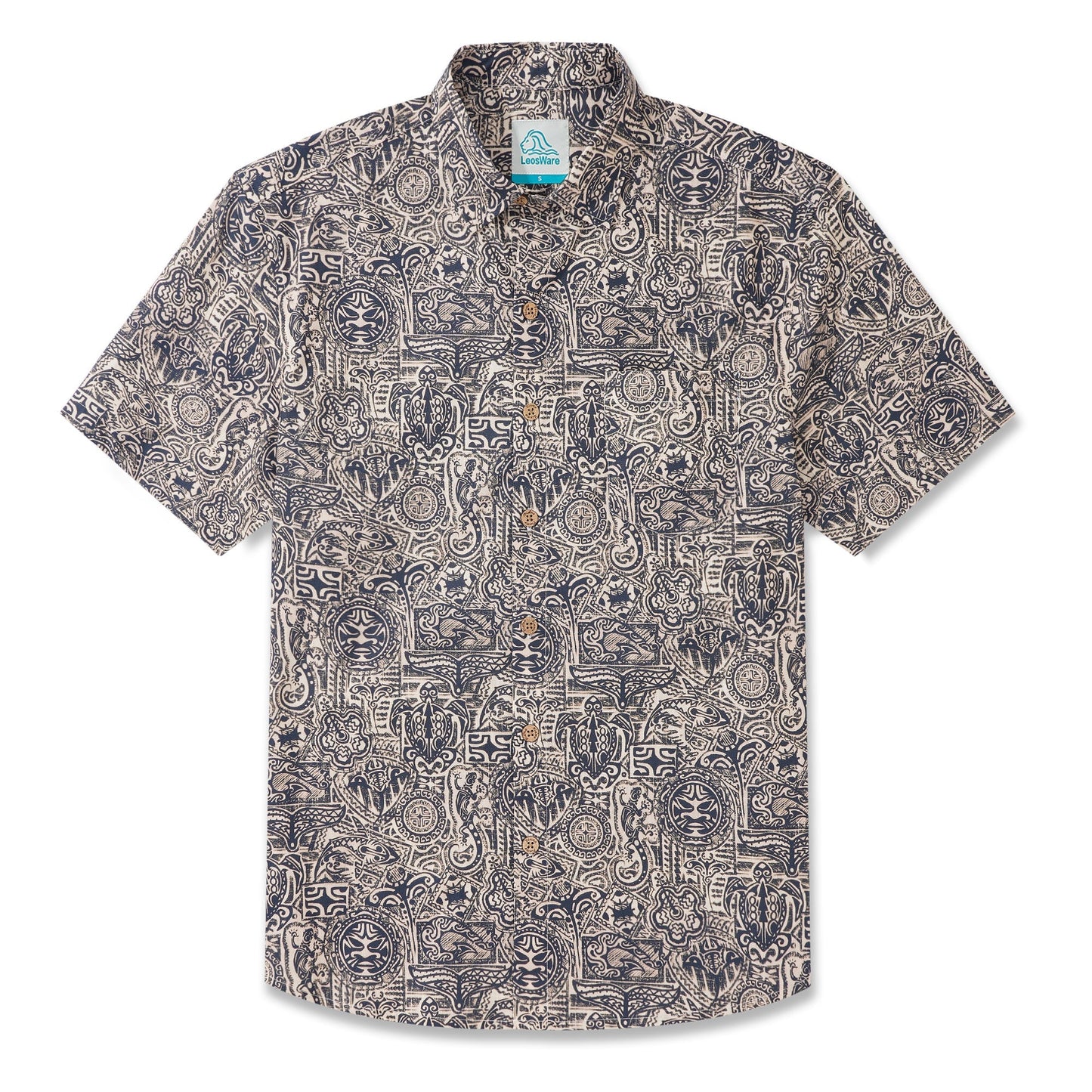 LeosWare® Men's Hawaiian Shirt Short Sleeve Button-up 100% Cotton Blue Aloha Exotic Tribe Gray-blue Art Pattern Painting