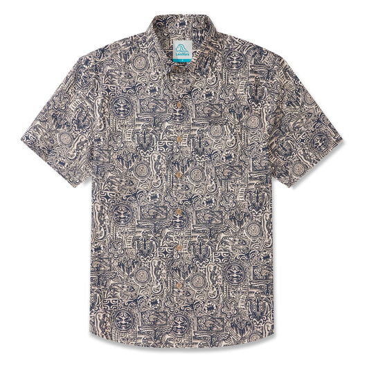 LeosWare® Men's Hawaiian Shirt Short Sleeve Button-up 100% Cotton Blue Aloha Exotic Tribe Gray-blue Art Pattern Painting
