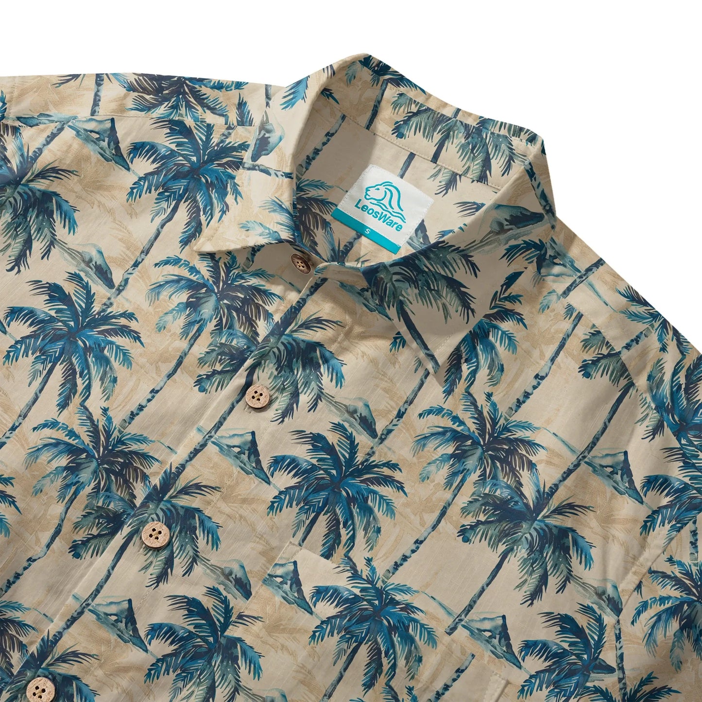 LeosWare® Men's Hawaiian Shirt Short Sleeve Button-up 100% Cotton Blue Aloha Blue Coconut Island Shadow