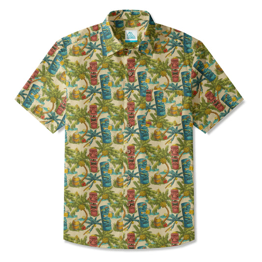 LeosWare® Men's Hawaiian Shirt Short Sleeve Button-up 100% Cotton Green Aloha Tiki's Coconut Island Carnival