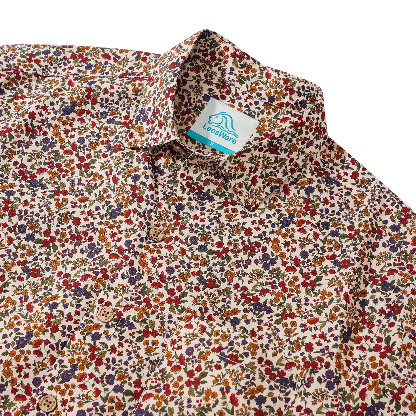 LeosWare® Men's Hawaiian Shirt Short Sleeve Button-up 100% Cotton Red Aloha Colorful Countryside Small Floral Pattern Painting